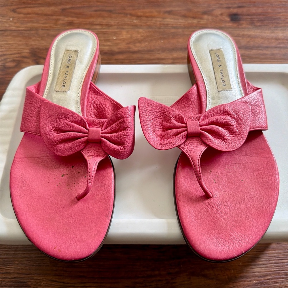 Vintage Lord & Taylor Pink Leather Bow Thong Slide Sandals Size 6.5